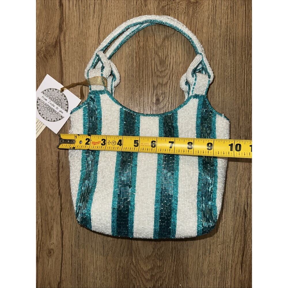 Turquoise & White Striped Beaded Bag Handbag NWT M ade in India - Picture 5 of 5